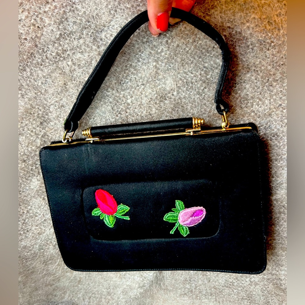 Stylecraft Miami Vintage Handbag Purse Black silky Satin Embroidery flowers 🌺